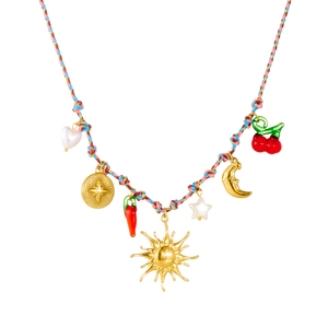 Colorful woven cord necklace with gold sun, moon, stars, and chili pendants charms