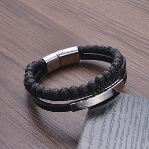 Multilayer men's leather bracelet with black volcanic stone beads and magnetic metal clasp