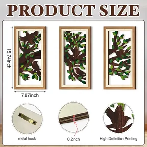 Set di 3 decorazioni murali in legno traforato con foglie verdi e uccelli d'arte