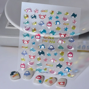 5D Embossed Nail Stickers Ocean World Theme Waterproof Adhesive Decals For Kids Women Manicure Decorations