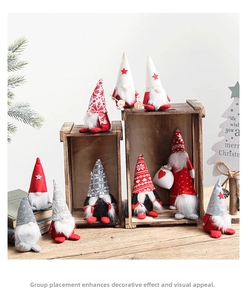 Detail of Christmas gnomes with knitted hats and white beards for festive holiday decor