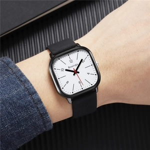 British style square dial quartz watch with white face and black leather strap for men