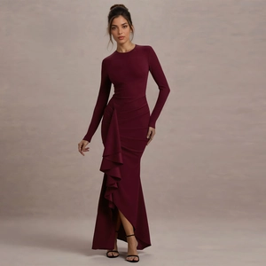 Elegant burgundy long-sleeved slim dress with side ruffles and fitted mermaid silhouette