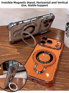 Detail of iPhone case with built-in magnetic ring stand on a dark wooden background