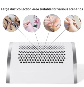 Detail of high power nail dust collector with large hexagonal suction area and usage scenes