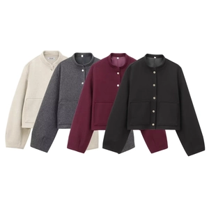 Women Short Woolen Jacket Button Down Crop Coat With Patch Pockets Long Sleeve Round Neck Casual Outerwear
