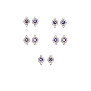 Macro view of silver Evil Eye connectors with blue patterns and sparkling rhinestones