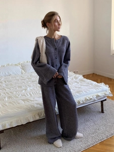Elegant dark grey knit cardigan and wide-leg trousers two-piece loungewear set for women