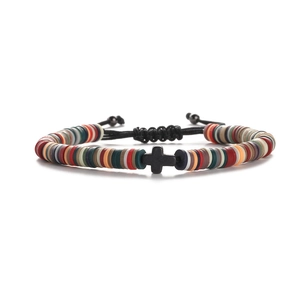 Colorful 6mm Heishi bead bracelet with black cross charm and adjustable woven cord