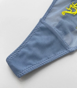 Detailed macro view of sheer blue mesh fabric featuring intricate yellow floral embroidery