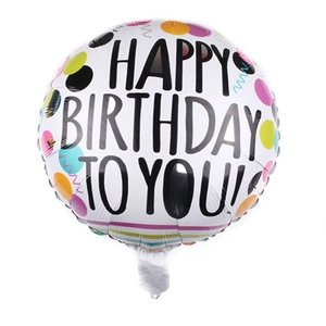 Detail of white round foil balloon with Happy Birthday text and colorful polka dots