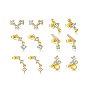 Set of 6 pairs minimalist S925 sterling silver gold stud earrings with cubic zirconia