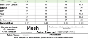 Size chart table for elegant long sleeve dress with measurements for XS to L sizes