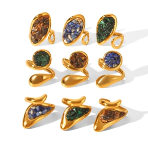 Bohemian gold stainless steel open rings set with natural malachite and lapis stones