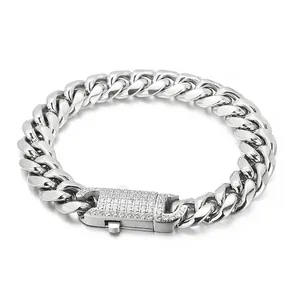 Bijoux Chaîne Cubaine En Acier Inoxydable Collier Bracelet Fermoir Strass Hip Hop Streetwear Pour Hommes