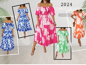 Grille détaillée de robes maxi à épaules dénudées et manches bouffantes aux motifs fleuris