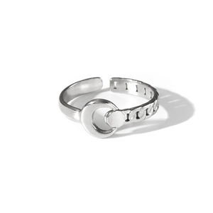 Minimalist silver titanium steel open ring with unique circle and chain design on white background
