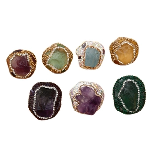 Adjustable natural amethyst and aquamarine raw stone rings with crystal rhinestone accents
