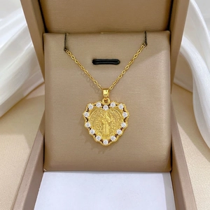 Saint Benedict Religious Heart Pendant Necklace For Women Gold Plated Stainless Steel Chain Copper Zircon Clavicle Jewelry