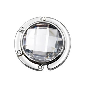 Portable round folding bag hook with polished metal and crystal rhinestone inlay