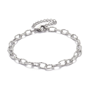 Silver textured oval link bracelet in stainless steel with lobster clasp and extender chain