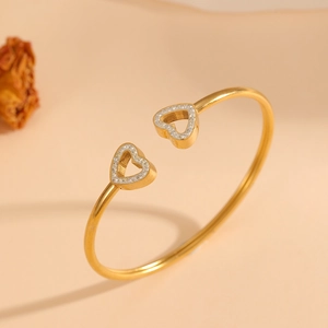 18k gold plated stainless steel open heart bangle with sparkling zircon stones