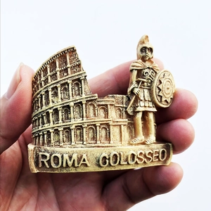 Detail of hand-painted Rome Colosseum and gladiator resin souvenir magnet showing Roma text