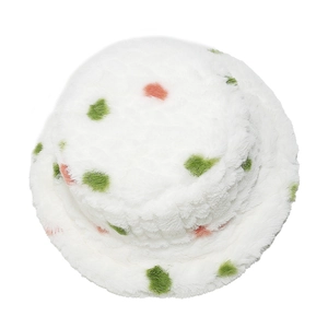 Cute fluffy white plush bucket hat with colorful green and pink polka dots pattern