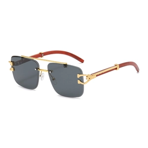 Fashionable square gold metal pilot sunglasses with dark grey lenses and wood textured arms