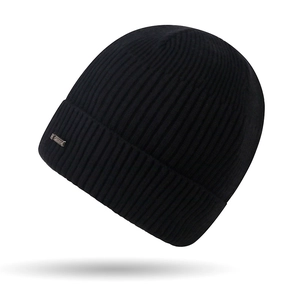Mens black ribbed knit beanie with metal detail for winter skiing and wind protection