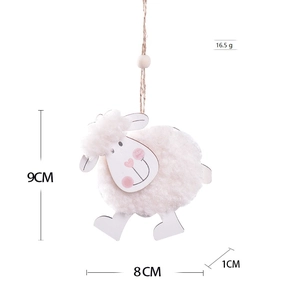 Detailed view of handmade wood and felt sheep ornament showing 9cm by 8cm size dimensions