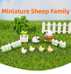 Miniature farm animal set with sheep, chicks and a white fence for moss landscape