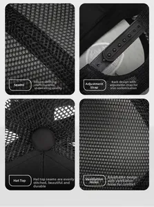 Detail view of adjustable strap, fine stitching and breathable mesh on black trucker hat