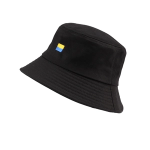 Black bucket hat with yellow and blue flag embroidery, casual outdoor sun protection