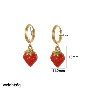 Cute strawberry hoop earrings in 18K gold plated stainless steel with size measurements