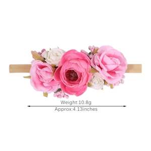 Pink and white rose flower baby headband with soft elastic nylon strap for girls