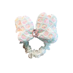 Sparkly mint green lace butterfly hair scrunchie with pink rhinestone for girls