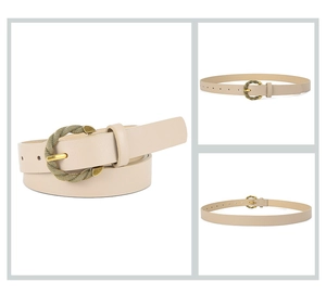 Detailed views of beige faux leather belt featuring an antique bronze twisted D-ring buckle