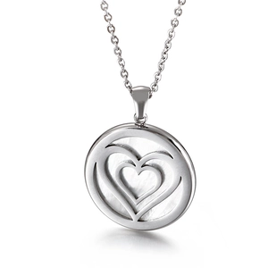 Silver stainless steel double heart pendant necklace with iridescent mother of pearl