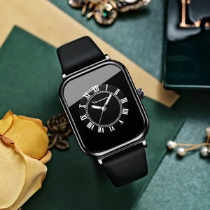 Elegant square quartz watch with black silicone strap on a decorative vintage background