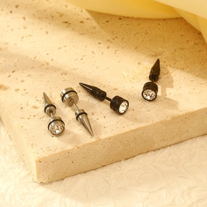Punk style stainless steel spike earrings with crystals in silver and black colors