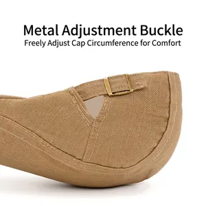 Adjustable cotton beret hat in khaki with white stitching and metal buckle back closure