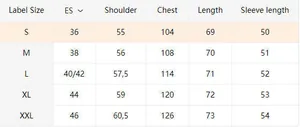 Size chart for maternity long sleeve t-shirt including chest and shoulder measurements