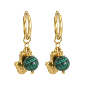 Boucles d'oreilles en acier inoxydable doré 18 carats avec perles turquoise et feuilles d'or