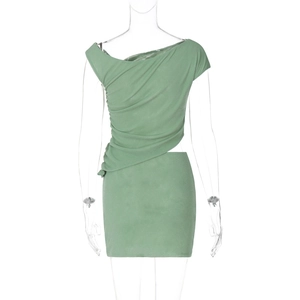 Detail view of sage green off-shoulder pleated top and matching mini skirt set