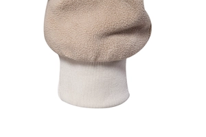 Detail of fleece jacket sleeve showing ribbed cuffs and soft textured khaki fabric