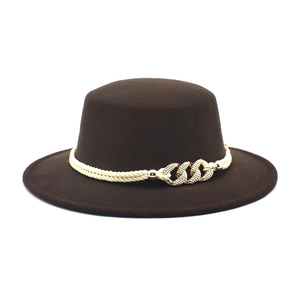 Dark brown wide brim wool felt flat top hat with braided rope and gold diamond buckle
