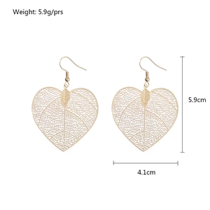 Golden heart-shaped leaf earrings with hollow filigree design measuring 5.9cm x 4.1cm