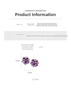 Detail view showing purple floral rhinestone earrings measuring 2.2cm and weighing 9.7g