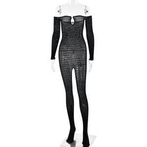 Sexy black off-shoulder mesh jumpsuit with long sleeves and cut-out detail for women